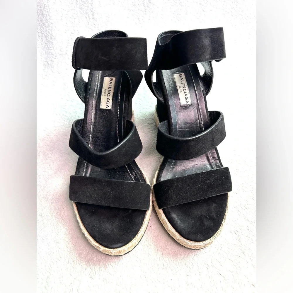 EUC Balenciaga Suede Platform Sandals‎ Black sz 7 EU 37 rope track leather wedge